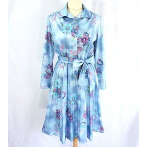 Vintage Sears Blue Floral Belted Collared Pleated Shirt Shirtwaist Dress S 1970s